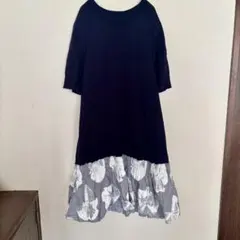 COS コス 異素材切り替えワンピース 裾花柄 ニット コットン M ネイビーのサムネイル