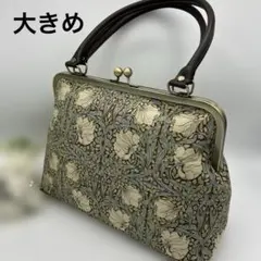2458 ウィリアムモリスピンパーネル　合皮持手がま口ハンドバック　ハンドメイド
