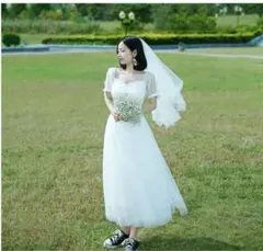 ウェディングドレス ミモレ丈　ホワイト