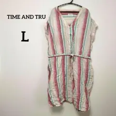 TIME AND TRU 【L】ストライプ 半袖 ワンピース リネン混素材