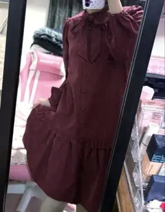 Areeam くすみバーガンディ リボン Aラインワンピース 裾フリル レトロ