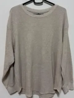 ベージュ リブ編み 長袖トップス
