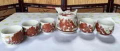 九谷焼　洋山　急須セット　色絵　茶道具セット　赤い花模様 陶器