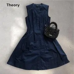 【美品】Theory ノースリーブフレアワンピース ネイビー コットン 2 Mのサムネイル