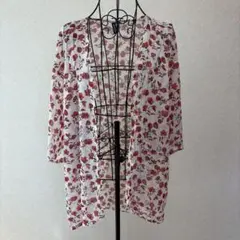 エイチアンドエム　半端丈　シースルーカーディガン　白×赤の花柄　XSサイズ　春夏のサムネイル