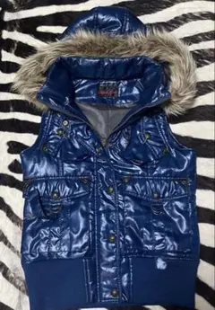 y2k 光沢 お兄系 ギャル男 ファーダウンベスト ブルー