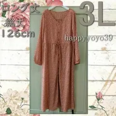 激安新品３L橙小花プリント長袖 ロング丈ワンピース 紐ウエスト大きいサイズ