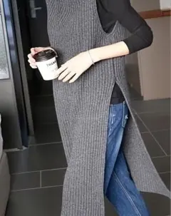 年末SALE・リブ編み タートルネックロングニットベストワンピース