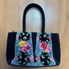 【美品】FEILERシュニール織 バッグ ブラック 花柄 ハンドバッグ