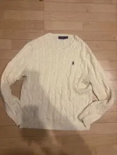 ラルフローレン　セーター　ケーブル編み　ポニーロゴ刺繡　メンズ　ホワイト