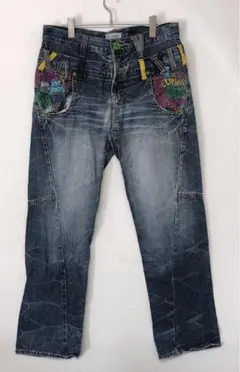 平成 アーカイブ ギャル男 古着 豪華刺繍　ギミック ダブルウエストデニム
