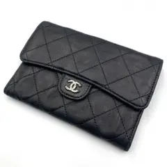 CHANEL シャネル マトラッセ ラムスキン 三つ折り長財布 黒 シルバー