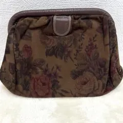 レトロ花柄 がま口クラッチバッグ ブラウン