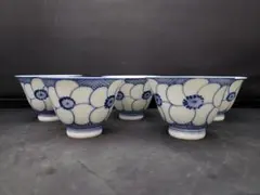染付　手描き　花柄　湯呑　5客