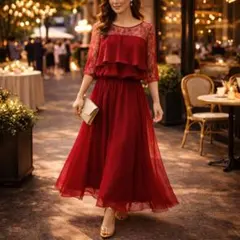 【DRESS＋】　パーティードレス XXL ワインレッド レース ワンピース