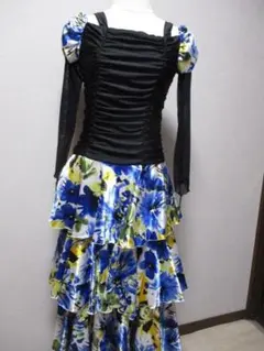 社交ダンス　Preimabouinue　黒とブル☆フリル付き花柄ロングドレス