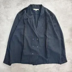 ダブルテーラードジャケット 青 9号 ウール混 レトロ ストライプ