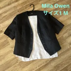 Mila Owen リネン100% 半袖 ノーカラー ジャケット 黒 M