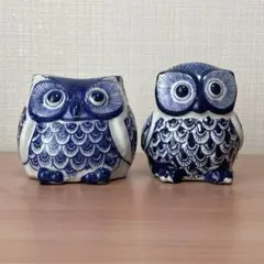 陶器　フクロウ　2個セット　ペアフクロウ　フクロウ夫婦　藍色陶器　高さ約13cm