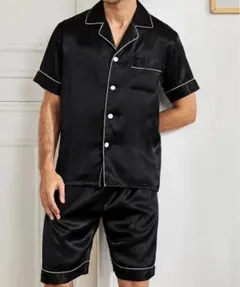 ブラック無地 メンズ 半袖トップ + ショーツ パジャマセット Ｌサイズ