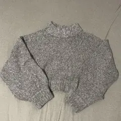 ウール混ショート丈ミックスニットトップス　グレージュ