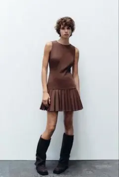ZARA ノースリーブ プリーツ ミニワンピース ブラウンのサムネイル