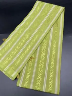 半幅帯　洒落帯　△ 正絹　博多織　献上柄　グリーン系　H13