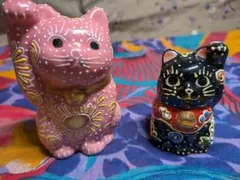 九谷焼 招き猫 昭和レトロ2体セット右手上げ左手上げ縁起ものとして