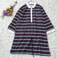 East Boy　七分袖チュニック　ポロシャツ風　ロゴ刺繍　ストライプ　紺白赤L