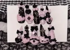 【現品】ネイルチップ 量産型 地雷 ゴテゴテ 猫 黒 ピンク キラキラ