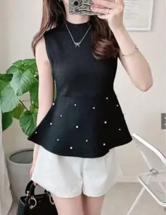GRL ブラック　ノースリーブニット　M パール付き