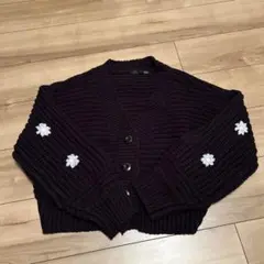 heather ブラック 花の刺繍 クロップドカーディガン黒 ブラック