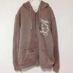 ミッキーマウス シルエット刺繍 裏ボア ジップアップ パーカー L ブラウン