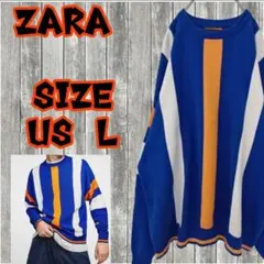 ZARA ザラL ニット セーター ブルー オレンジ ホワイト ストライプ 羽織