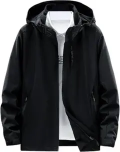 ●メンズジャケット ポリエステル 防水 ゆったり フード付き 黒 ジッパー