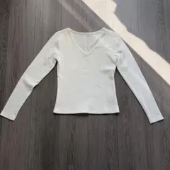 長袖 Vネック リブニット ホワイト