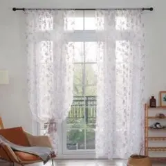 レースカーテン　カーテン　100×200cm 花柄　紫　レース　2枚セット