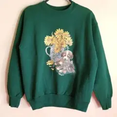【used】Hanes スウェット S レトロ 犬 猫 アニマル