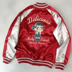 美品 ぺこちゃん 刺繍 スカジャン 薄手 レッド アウター レディース メンズM