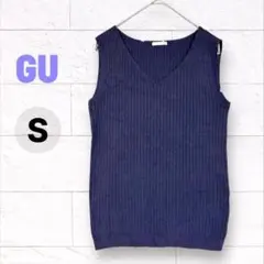 GU ジーユー ワイドリブVネックノースリーブニットトップス S ネイビー