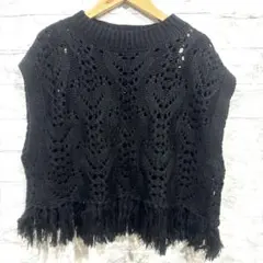 ショコラフィネローブ ニット ノースリーブ トップス フリンジ 黒 春