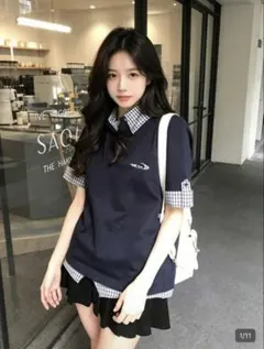 【☆新品未使用‼︎☆SHEIN☆】襟付きギンガムチェックレイヤード風カットソーのサムネイル