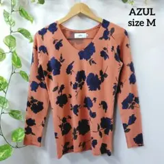 AZUL アズール 長袖ブラウス(M)花柄オレンジ Vネック アクリル