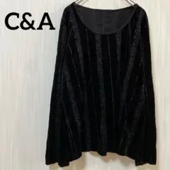 C&A 華やか長袖ベロアカットソー L-LL 黒 ラメモール＆飾り紐 伸縮性あり