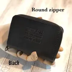【SALE】本ヌメラウンドジッパー コンパクト財布 コインケース　カード　黒