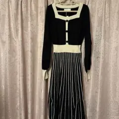 ストライプニットワンピース 長袖 黒・アイボリー