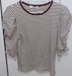 ディスコート ボーダー リブ 袖ギャザー トップス アイボリー ブラウン