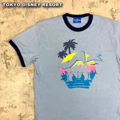 東京ディズニーリゾート ドナルドダック リンガーTシャツ 古着 プリント 水色