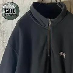 ステューシー 刺繍ロゴ ハーフジップ　スウェット L 黒色　ブラックのサムネイル