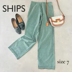 SHIPS シップス チェック柄ワイドパンツ 綿100 グリーン Sサイズ 7号